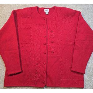 Koret Vintage 100% Wool Sweater Cardigan Embroidered Floral Cable Red Women's XL